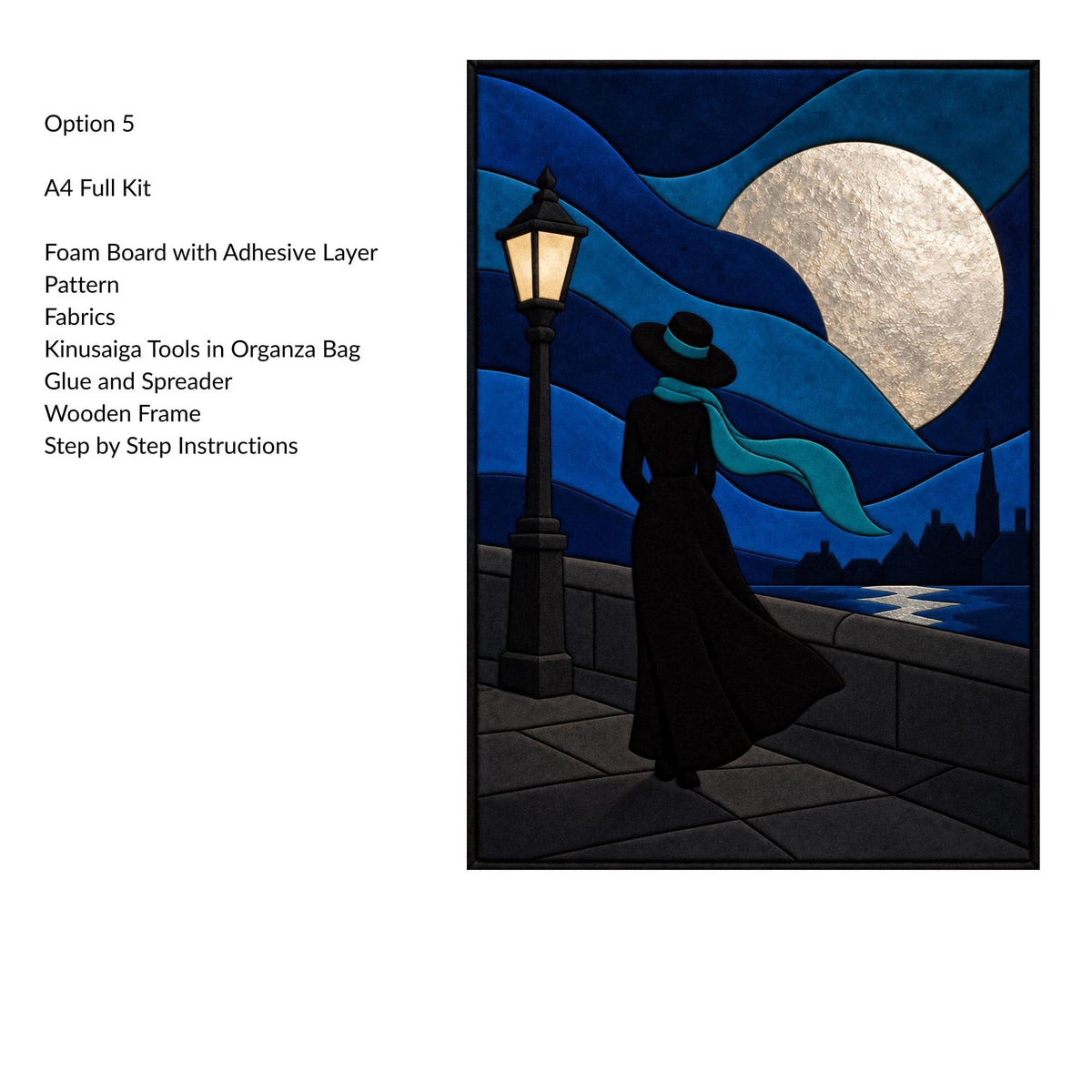 Kinusaiga Fabric Mosaic Moonlight Stroll Kit | Moonlit Lady Wall Art | No Sew Craft Kit for Adults | A4 or A3 Japanese Fabric Art