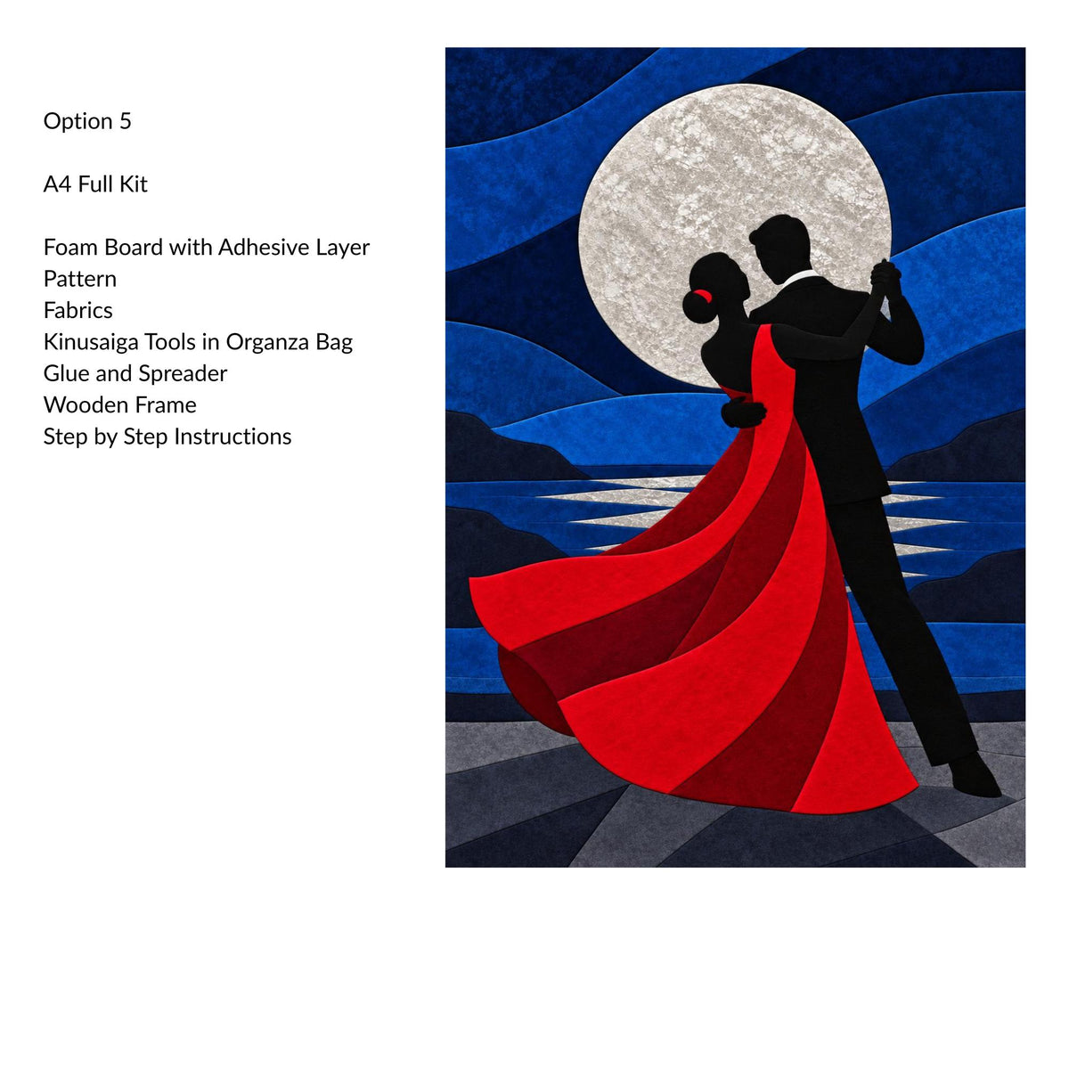 Kinusaiga Fabric Mosaic Moonlit Dance |  Moonlit Couple Dancing Wall Art | No Sew Craft Kit for Adults | A4 or A3 Japanese Fabric Art