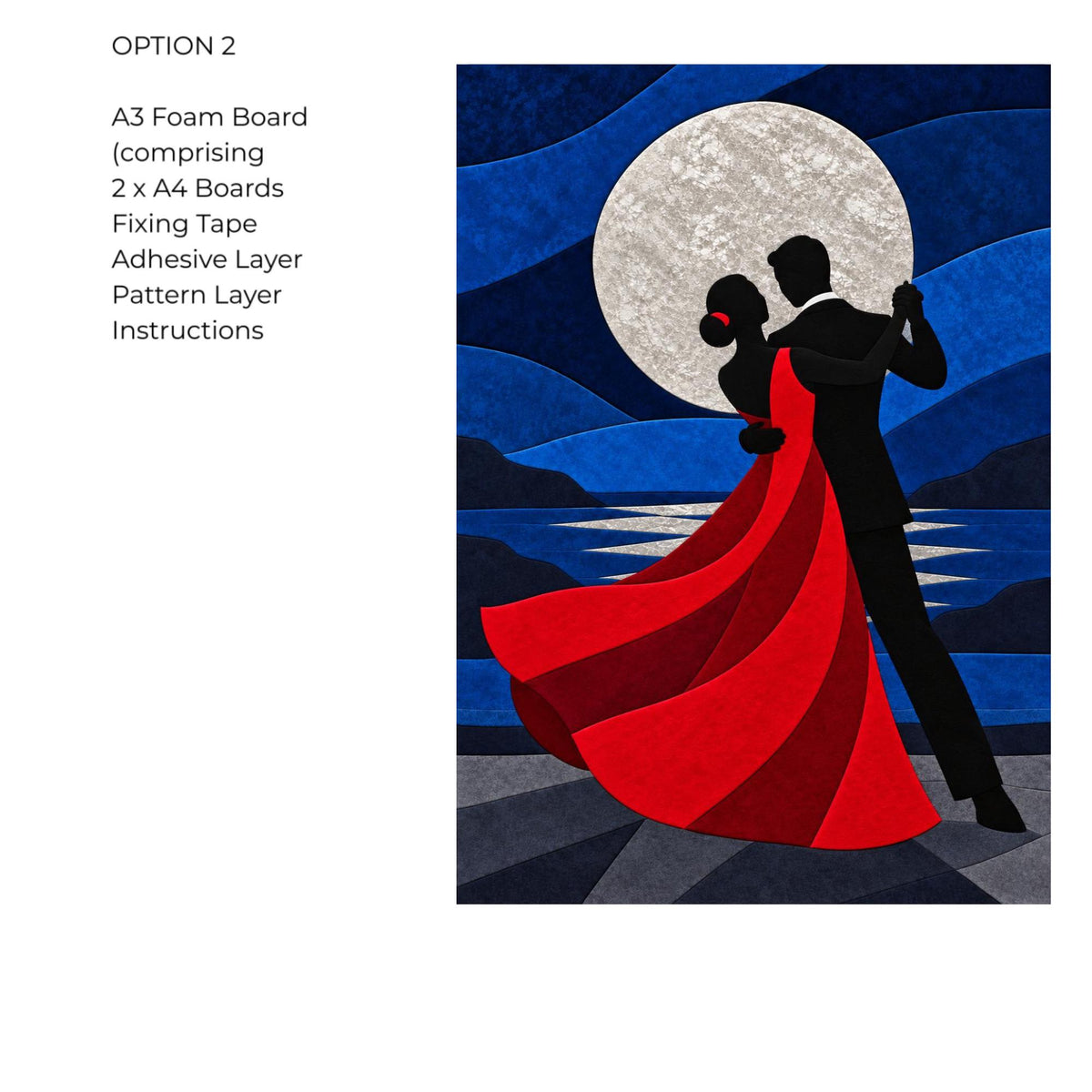 Kinusaiga Fabric Mosaic Moonlit Dance |  Moonlit Couple Dancing Wall Art | No Sew Craft Kit for Adults | A4 or A3 Japanese Fabric Art