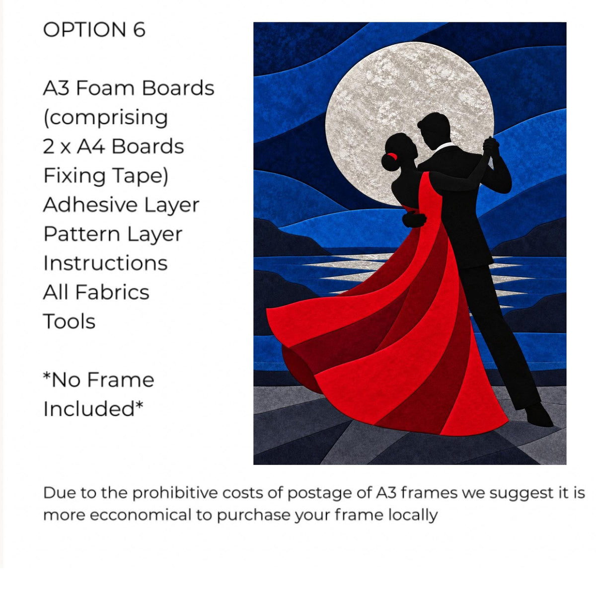Kinusaiga Fabric Mosaic Moonlit Dance |  Moonlit Couple Dancing Wall Art | No Sew Craft Kit for Adults | A4 or A3 Japanese Fabric Art