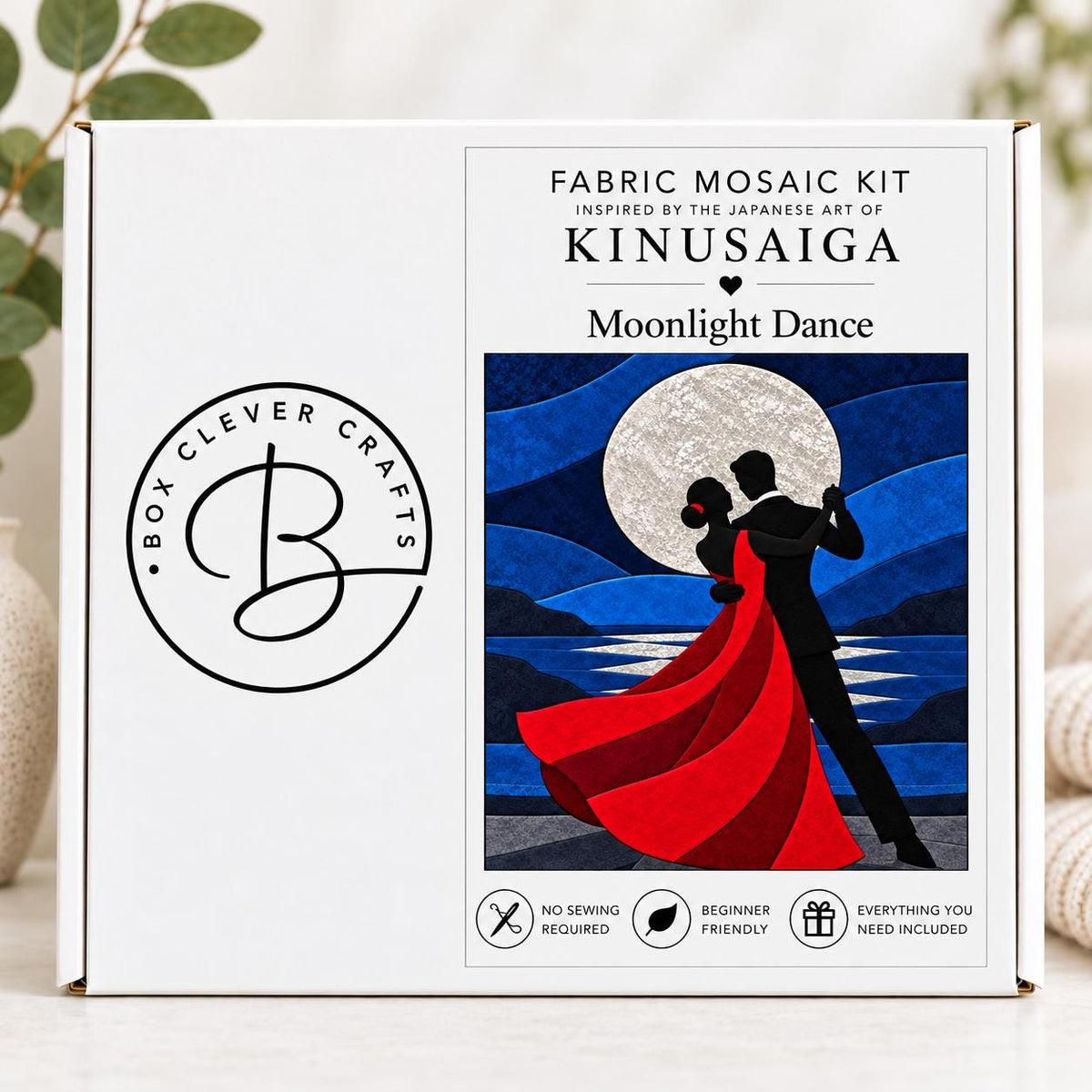 Kinusaiga Fabric Mosaic Moonlit Dance |  Moonlit Couple Dancing Wall Art | No Sew Craft Kit for Adults | A4 or A3 Japanese Fabric Art
