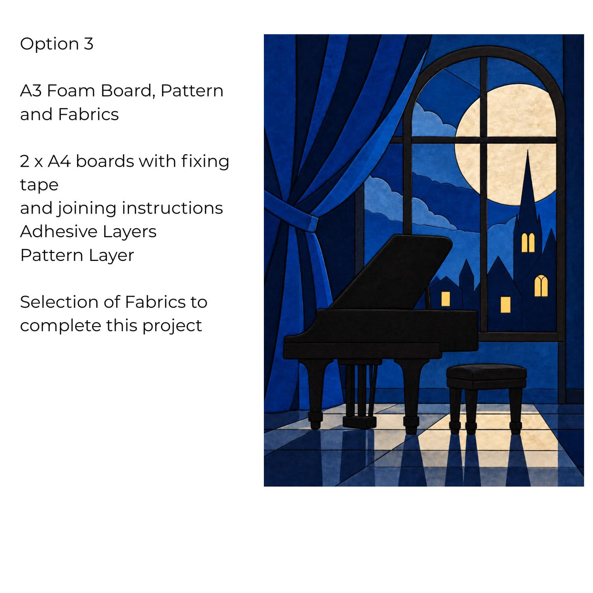 Kinusaiga Fabric Midnight Piano Dance |  Moonlit Grand Piano in Moonlight Wall Art | No Sew Craft Kit for Adults | A4 A3 Japanese Fabric Art
