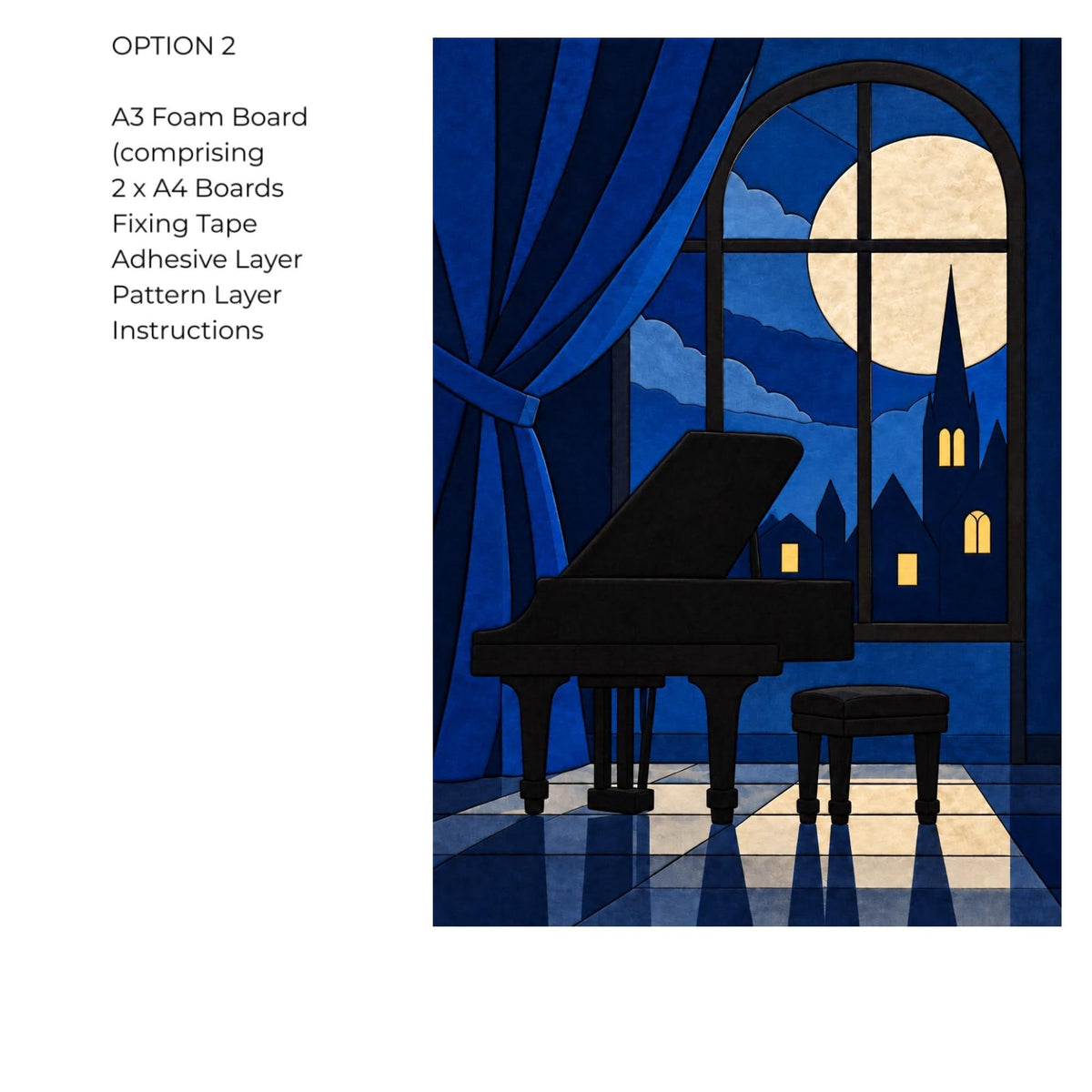 Kinusaiga Fabric Midnight Piano Dance |  Moonlit Grand Piano in Moonlight Wall Art | No Sew Craft Kit for Adults | A4 A3 Japanese Fabric Art