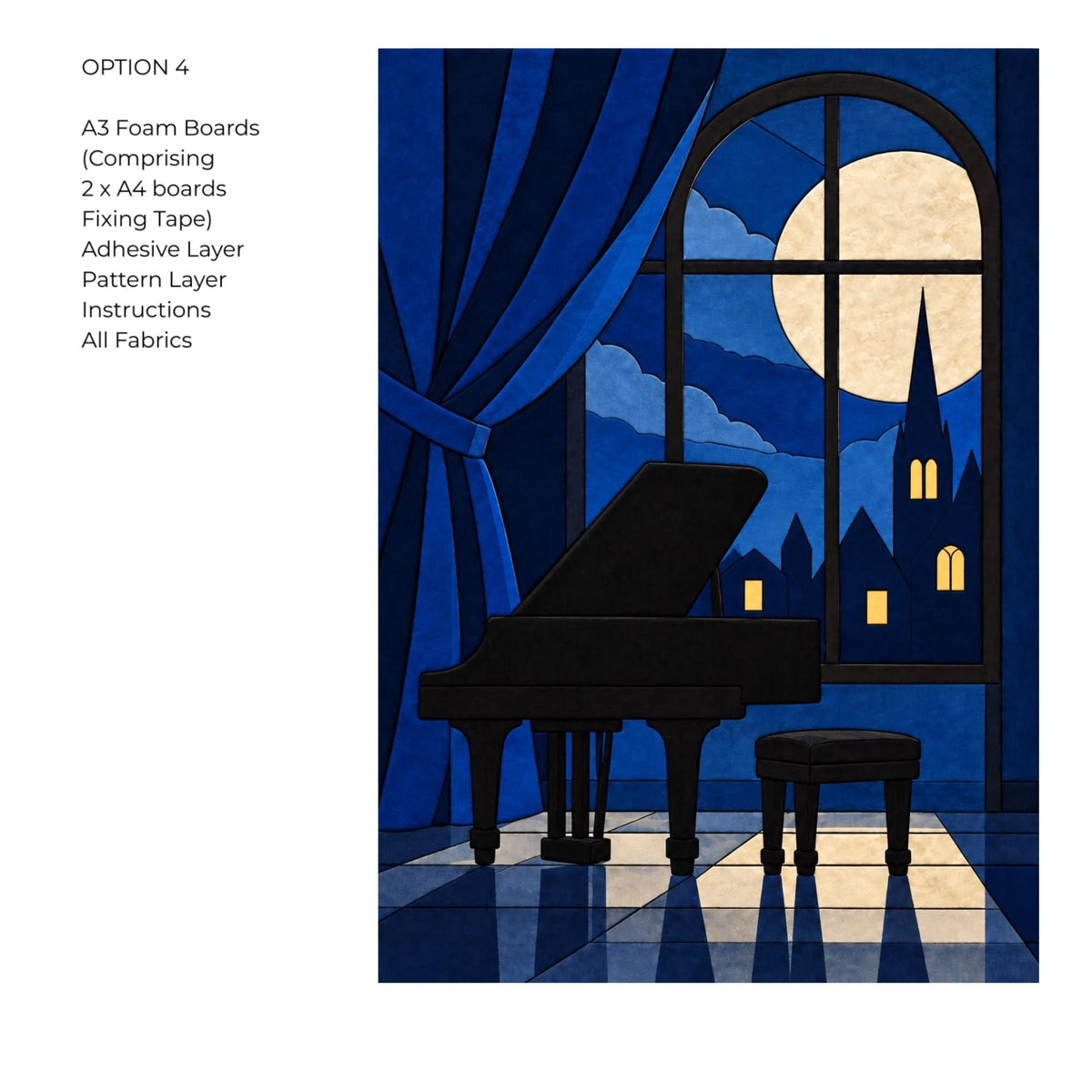 Kinusaiga Fabric Midnight Piano Dance |  Moonlit Grand Piano in Moonlight Wall Art | No Sew Craft Kit for Adults | A4 A3 Japanese Fabric Art