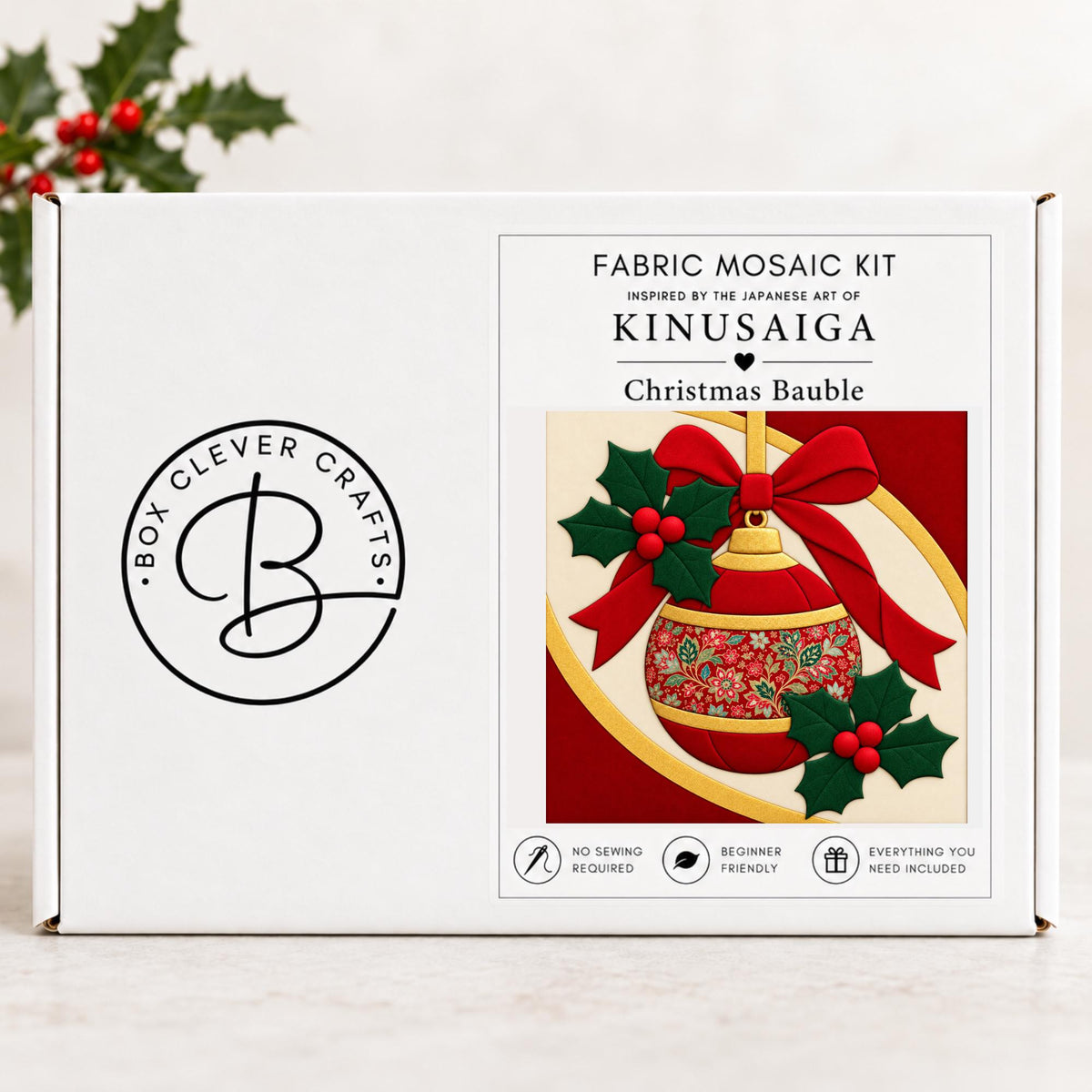 Kinusaiga Fabric Mosaic Christmas Bauble Kit | Christmas Craft Kit for Adults | Festive Wall Art | Beginners No Sew Craft Gift