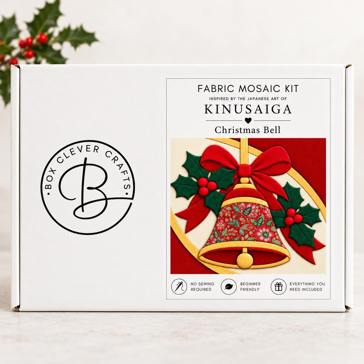 Kinusaiga Fabric Mosaic Christmas Bell Kit | Christmas Craft Kit for Adults | Festive Wall Art | Beginners No Sew Craft Gift