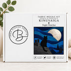 Kinusaiga Fabric Mosaic Night Watcher Cat Kit | Moonlit Rooftops Wall Art | Japanese No Sew Craft | A4 or A3 Fabric Art Kit for Adults