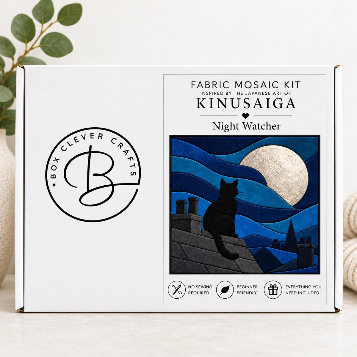 Kinusaiga Fabric Mosaic Night Watcher Cat Kit | Moonlit Rooftops Wall Art | Japanese No Sew Craft | A4 or A3 Fabric Art Kit for Adults
