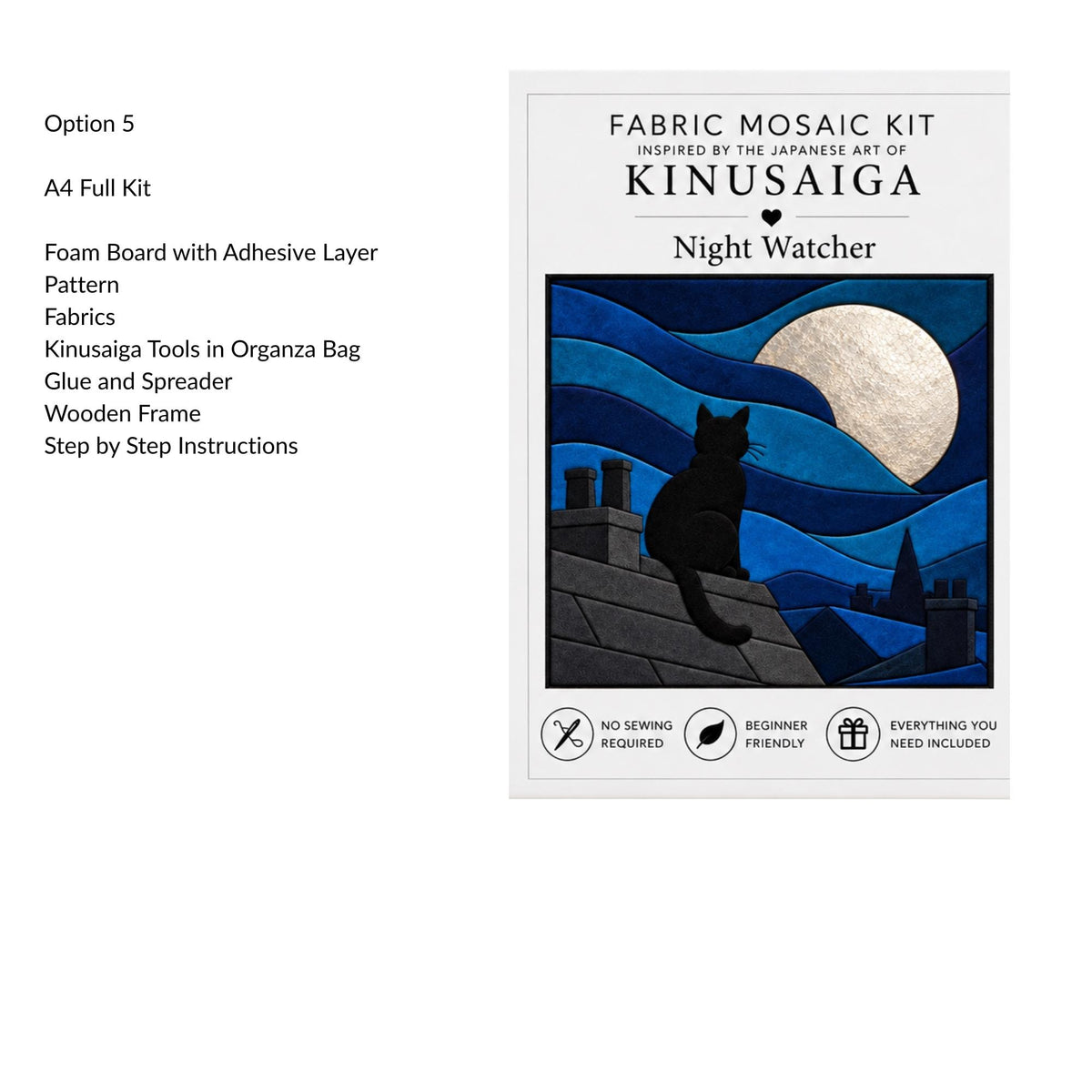 Kinusaiga Fabric Mosaic Night Watcher Cat Kit | Moonlit Rooftops Wall Art | Japanese No Sew Craft | A4 or A3 Fabric Art Kit for Adults