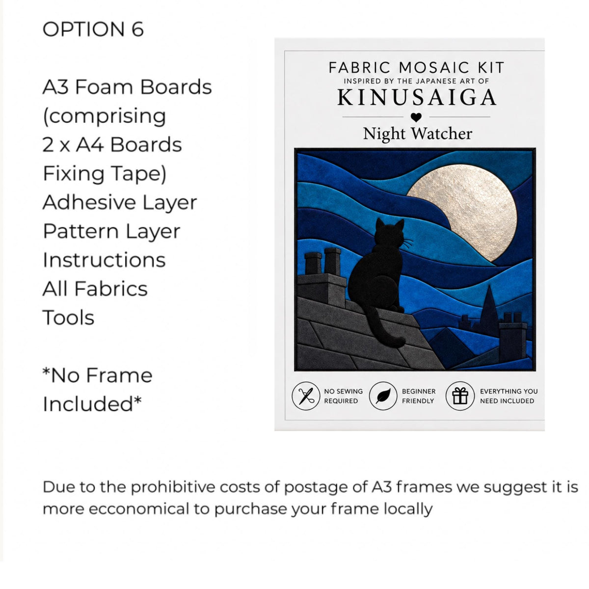 Kinusaiga Fabric Mosaic Night Watcher Cat Kit | Moonlit Rooftops Wall Art | Japanese No Sew Craft | A4 or A3 Fabric Art Kit for Adults
