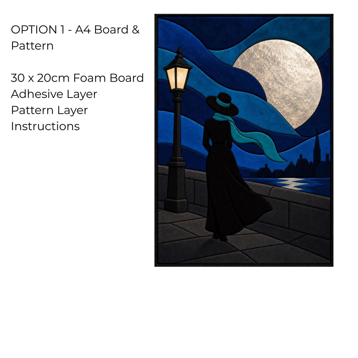 Kinusaiga Fabric Mosaic Moonlight Stroll Kit | Moonlit Lady Wall Art | No Sew Craft Kit for Adults | A4 or A3 Japanese Fabric Art