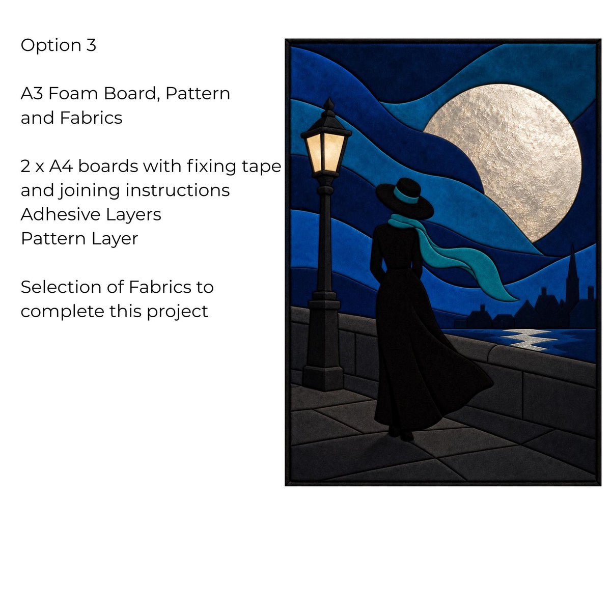 Kinusaiga Fabric Mosaic Moonlight Stroll Kit | Moonlit Lady Wall Art | No Sew Craft Kit for Adults | A4 or A3 Japanese Fabric Art