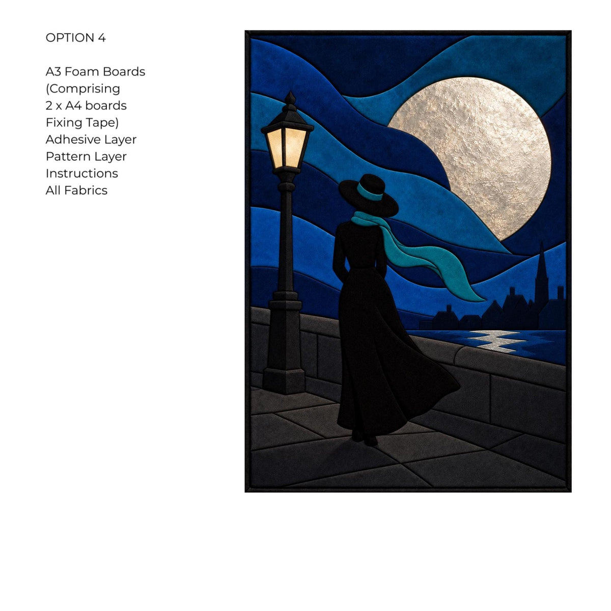 Kinusaiga Fabric Mosaic Moonlight Stroll Kit | Moonlit Lady Wall Art | No Sew Craft Kit for Adults | A4 or A3 Japanese Fabric Art
