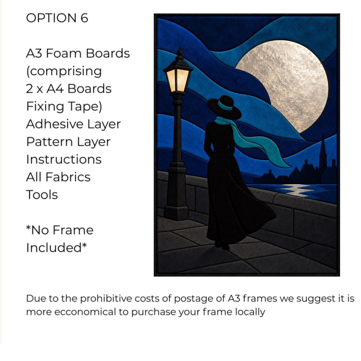 Kinusaiga Fabric Mosaic Moonlight Stroll Kit | Moonlit Lady Wall Art | No Sew Craft Kit for Adults | A4 or A3 Japanese Fabric Art