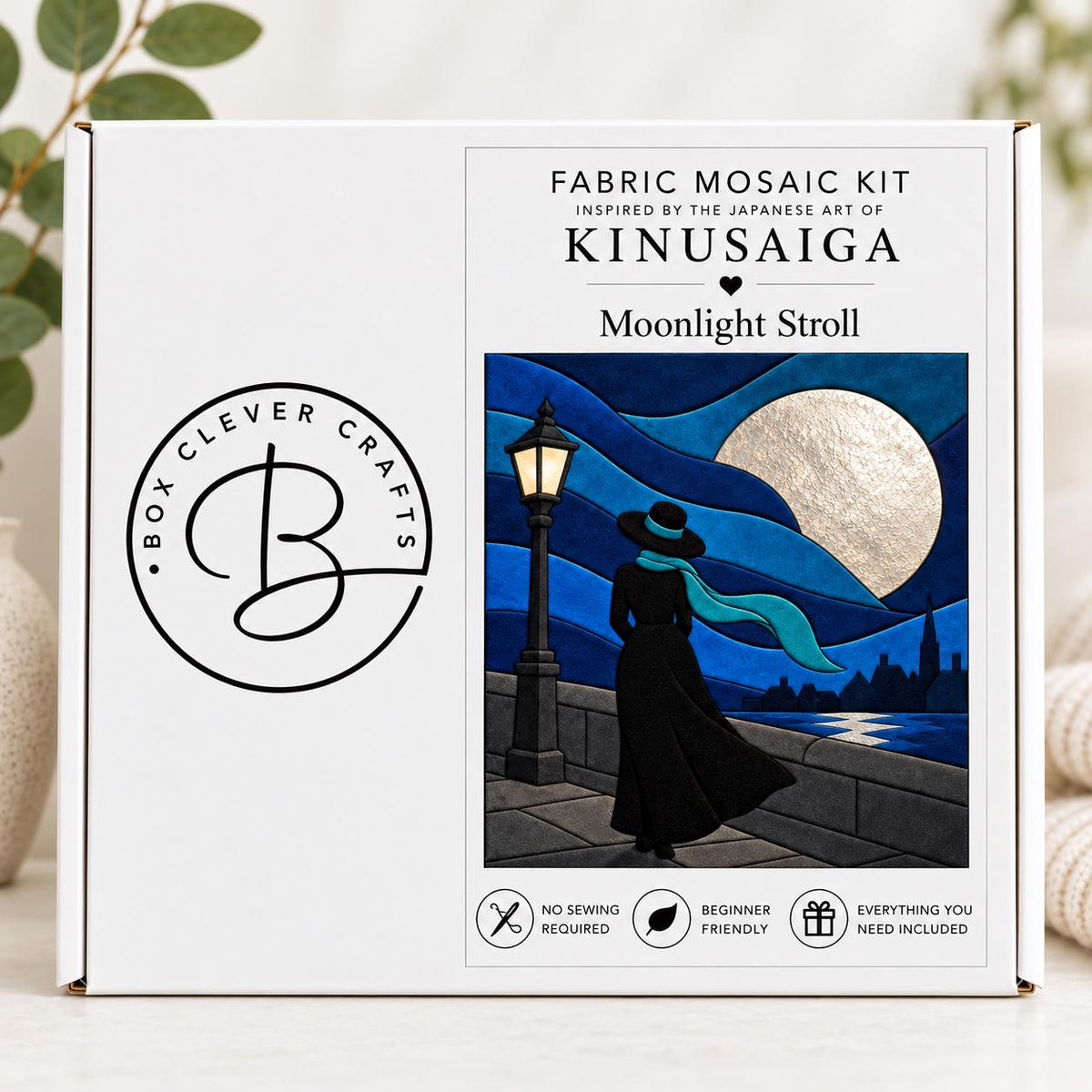 Kinusaiga Fabric Mosaic Moonlight Stroll Kit | Moonlit Lady Wall Art | No Sew Craft Kit for Adults | A4 or A3 Japanese Fabric Art