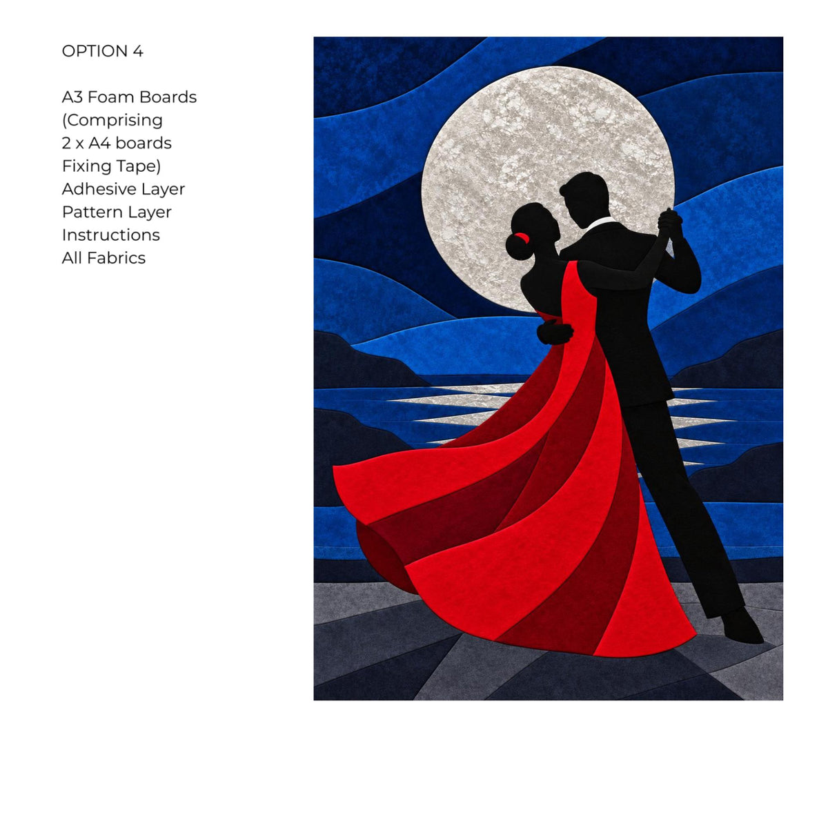 Kinusaiga Fabric Mosaic Moonlit Dance |  Moonlit Couple Dancing Wall Art | No Sew Craft Kit for Adults | A4 or A3 Japanese Fabric Art