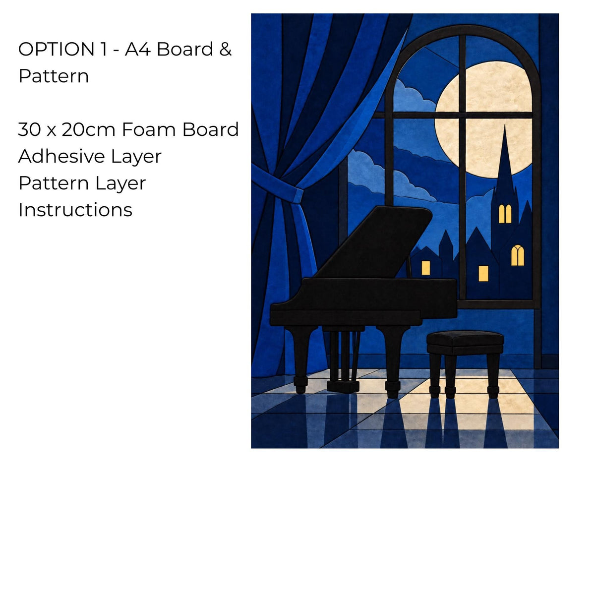 Kinusaiga Fabric Midnight Piano Dance |  Moonlit Grand Piano in Moonlight Wall Art | No Sew Craft Kit for Adults | A4 A3 Japanese Fabric Art