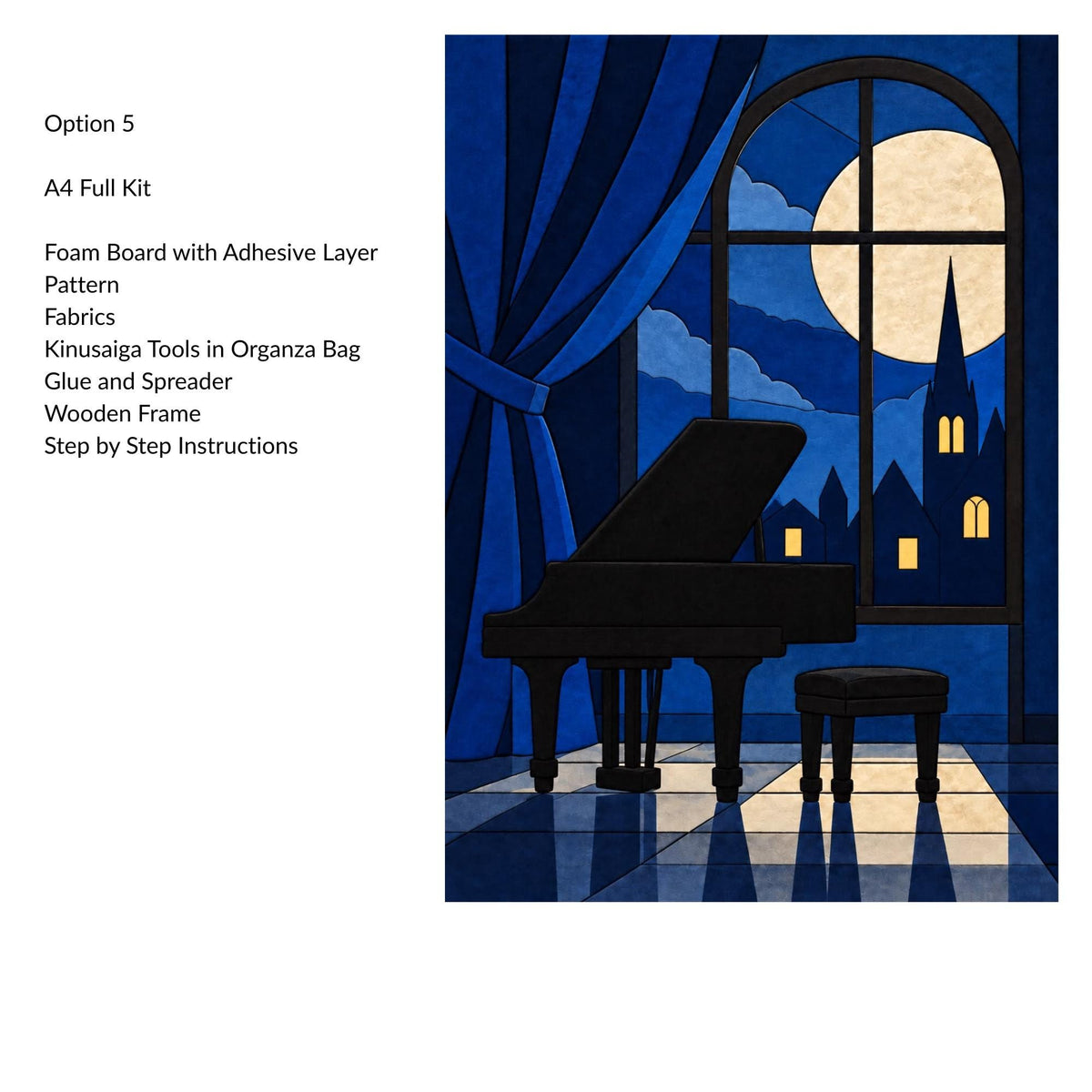 Kinusaiga Fabric Midnight Piano Dance |  Moonlit Grand Piano in Moonlight Wall Art | No Sew Craft Kit for Adults | A4 A3 Japanese Fabric Art